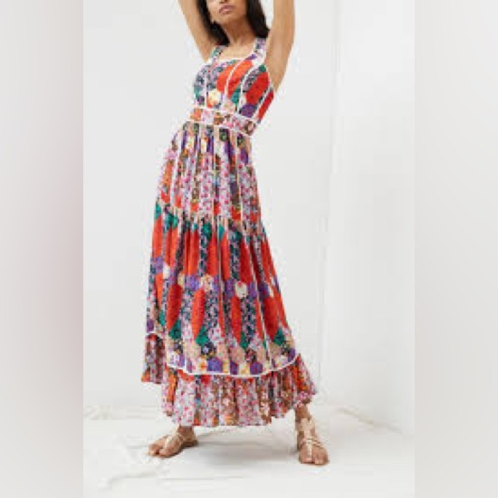 Anthropologie Floral Patchwork Tiered Cutout Maxi Dress Size 14